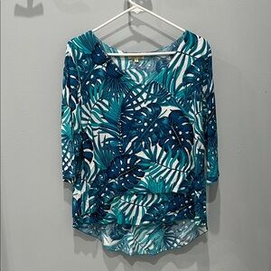 Tropical Leaf Print 3/4 Sleeve Pleated Top